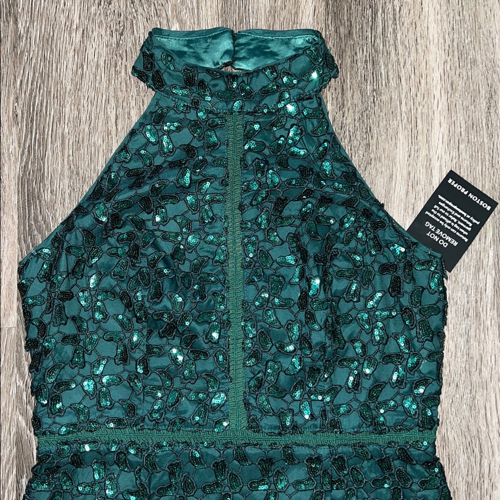 NWT Boston Proper Emerald Sequin Lace Mock Neck Sheath Dress Size 6 - Picture 3 of 12